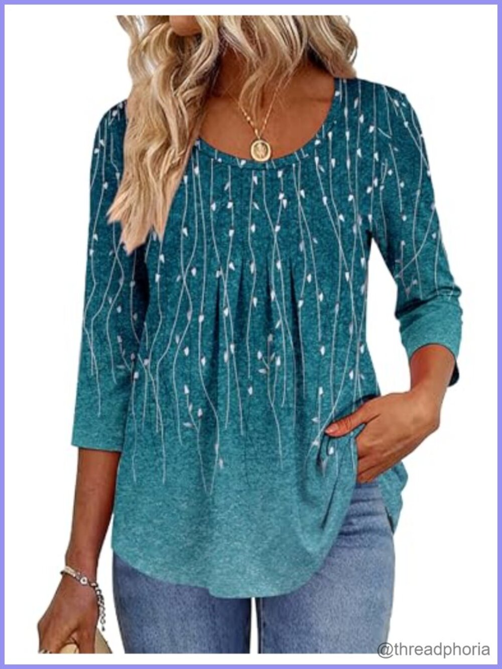Zeagoo 3/4 Sleeve Tunic Blouse Pleated Crew Neck Work Top